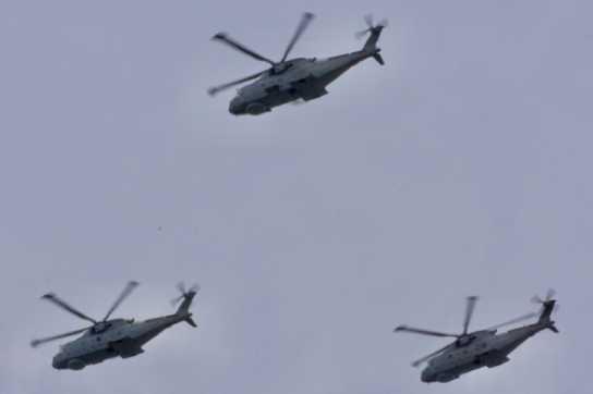 01 June 2022 - 12-30-04
Three Royal Navy Merlins flew over Dartmouth in formation the day before the Queen's Jubilee flypast. I've not checked but hope these three took part.
---------------------
Three Royal Navy Merlin helicopters over Dartmouth